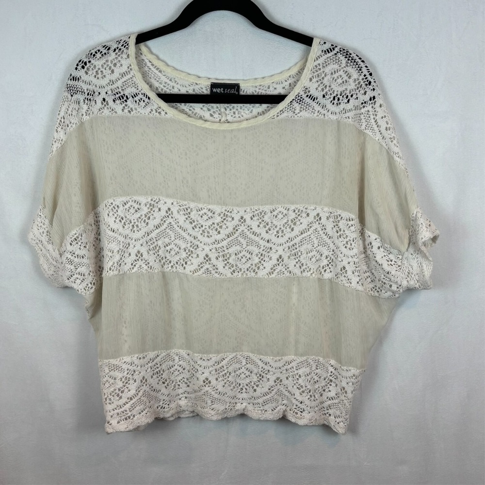 Wet Seal Y2K Beige Womens Lace Dolman Sleeve Blouse Size Med-Large Fairy Cottage
